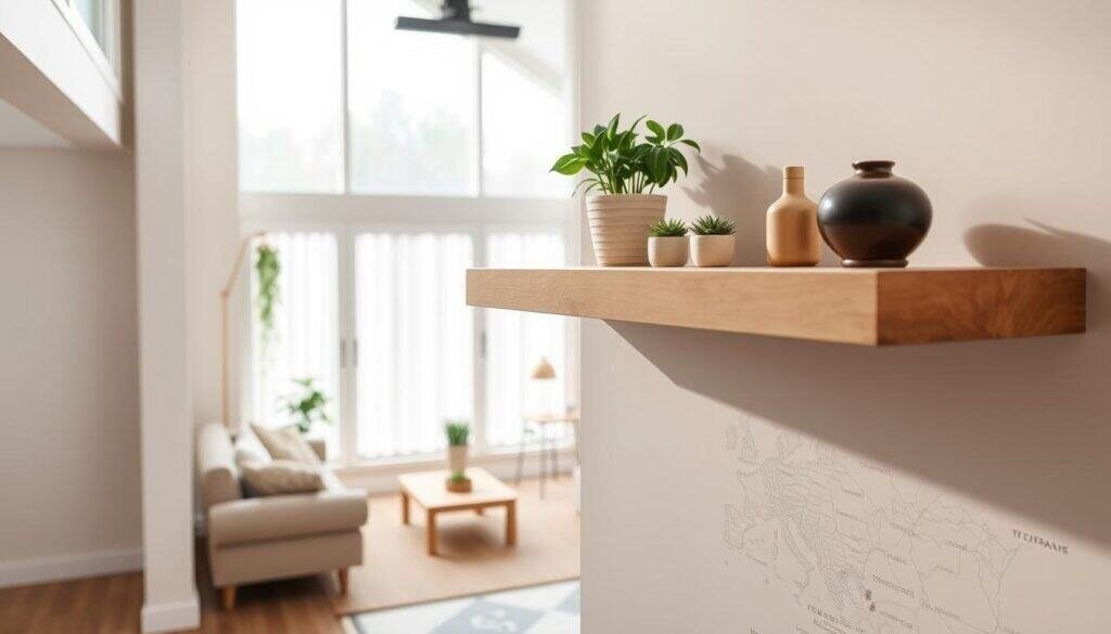 A well-lit, high-resolution image showcasing the benefits of floating wood ledges for small rooms. In the foreground, a minimalist wooden ledge mounted on a light-colored wall, displaying various decorative items and plants. The middle ground features a cozy, inviting living space with a sofa, armchair, and other furniture pieces that complement the natural wood tones. The background depicts a bright, airy room with large windows allowing ample natural light to filter in, highlighting the versatility and space-saving advantages of the floating wood ledges. The overall scene conveys a sense of modern, elegant simplicity and functionality.