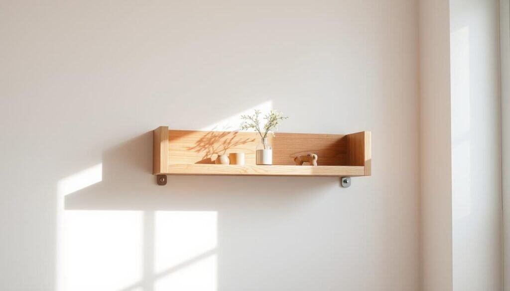 A well-lit, high-resolution photograph of a modern, rustic wooden shelf or wall-mounted display unit, with a minimalist design and clean lines. The shelf features a natural wood grain texture, with a warm, earthy tone. The shelf is mounted on a plain white or light-colored wall, allowing the wood to be the focal point. Sunlight streams through a window, casting soft shadows and highlights on the shelf. The shelf holds a few simple, decorative items like small potted plants, a vase of fresh flowers, or a few decorative wooden trinkets. The overall mood is one of simplicity, warmth, and craftsmanship.