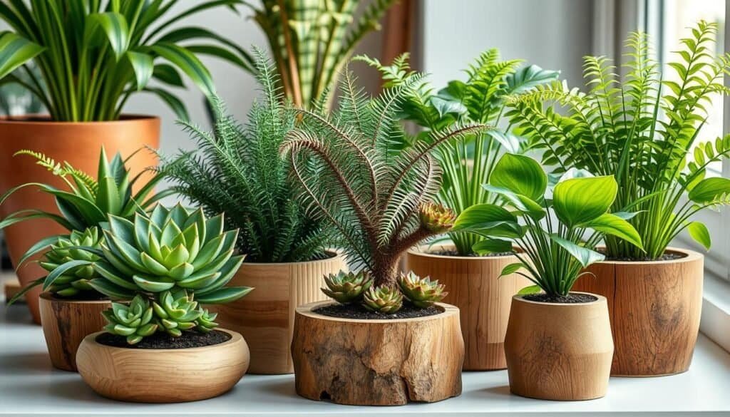 A well-lit, high-resolution photograph of a variety of indoor and outdoor plants, each with a wooden base or planter. The plants should include a mix of succulents, ferns, and leafy greenery, arranged in a natural and visually appealing composition. The wooden bases should be made of various materials, such as reclaimed wood, smooth pine, or rustic oak, to create a cohesive yet diverse aesthetic. The lighting should be soft and diffused, highlighting the textures of the plants and the natural grain of the wood. The scene should evoke a sense of warmth, tranquility, and a harmonious blend of nature and home decor.
