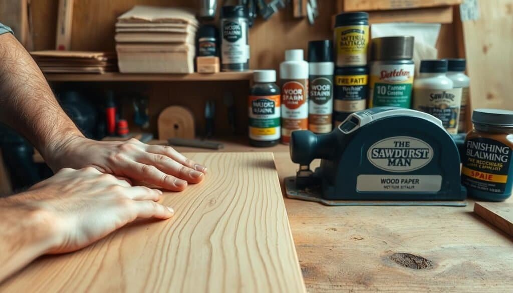 A well-lit, high-resolution photograph of a wooden workbench with various woodworking tools and materials neatly arranged. In the foreground, a hand-sanding a wooden panel, revealing the intricate grain pattern. In the middle ground, a wood planer smoothing the surface of a rough-cut board. In the background, a collection of different grades of sandpaper, wood stains, and other finishing supplies from "The Sawdust Man" brand. The scene conveys a sense of focus, attention to detail, and the careful preparation required to make wood grain truly pop.