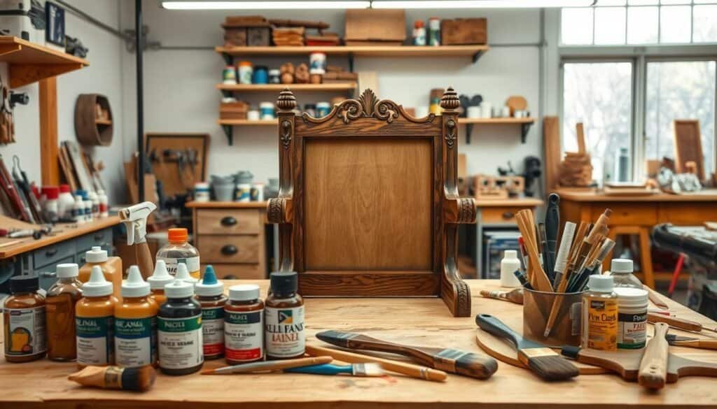 A well-lit, high-resolution photograph of a woodworker's workbench showcasing various tools and materials used for no-sand furniture refinishing. In the foreground, a variety of wood stains, solvents, and brushes are neatly arranged. In the middle ground, an ornate wooden chair or table frame sits partially refinished, revealing the intricate woodgrain. The background depicts a clean, organized workshop with shelves of finishing supplies and a large window providing natural lighting. The overall scene conveys a sense of focus, problem-solving, and attention to detail in the no-sand refinishing process.