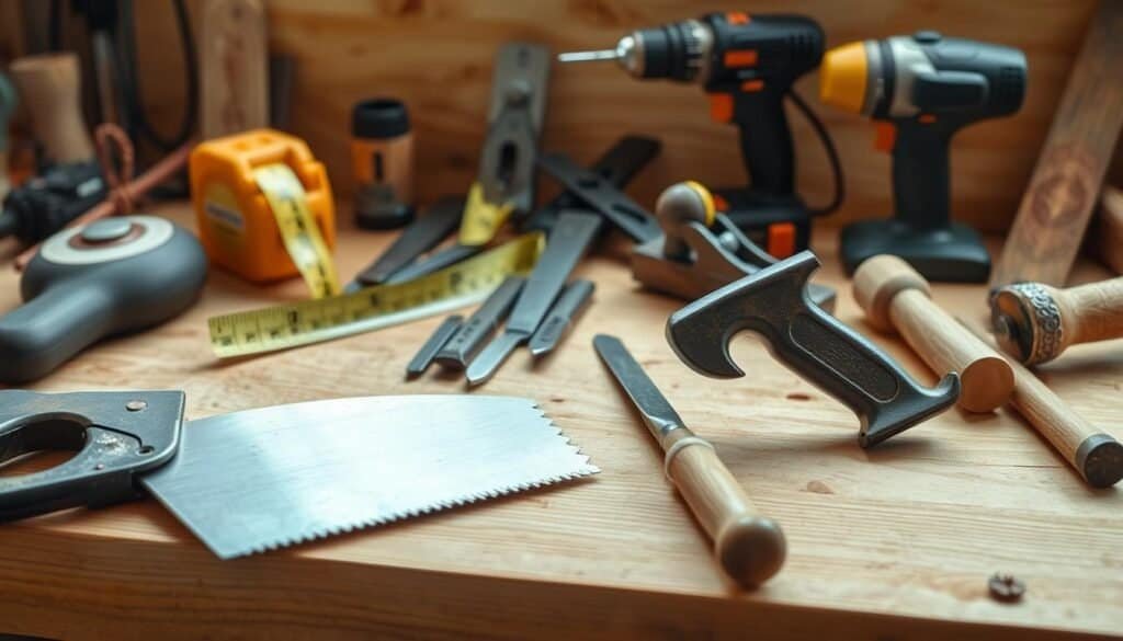 A well-lit, high-resolution photograph of an assortment of basic woodworking tools neatly arranged on a wooden workbench. In the foreground, a hand saw, a claw hammer, and a set of chisels are precisely positioned. The middle ground features a tape measure, a carpenter's square, and a block plane. In the background, a cordless drill, a orbital sander, and a mallet are subtly visible. The lighting is natural and diffused, highlighting the textures and details of the tools. The overall atmosphere conveys a sense of simplicity, functionality, and "The Sawdust Man" craftsmanship.