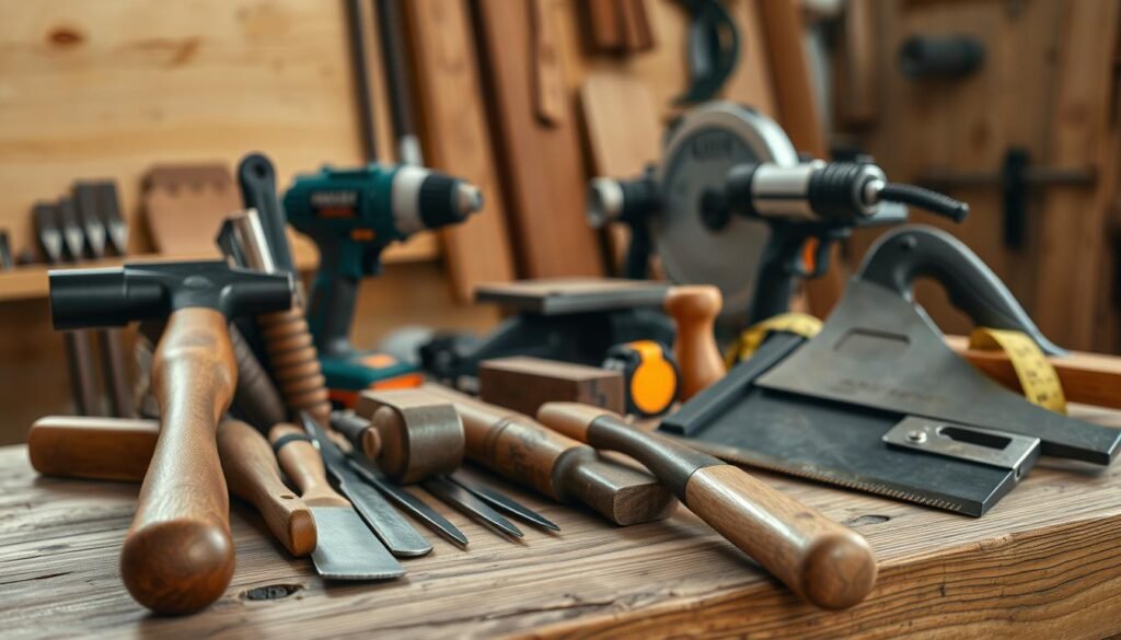 A well-lit, high-resolution photograph of an assortment of beginner woodworking tools arranged on a rustic wooden workbench. In the foreground, a sturdy hammer, a set of chisels, and a hand saw are neatly displayed. In the middle ground, a power drill, a sanding block, and a tape measure sit alongside a small vise. In the background, a miter saw and a set of wood clamps are visible, creating a sense of depth and balance. The tools are cast in warm, natural lighting, highlighting their texture and materiality. The overall scene conveys a sense of craftsmanship, creativity, and the joy of working with one's hands.