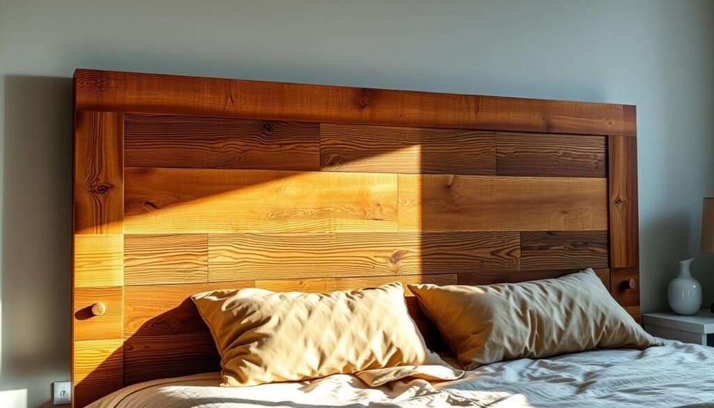 A well-lit, high-resolution photograph showcasing a wooden DIY headboard in a cozy bedroom setting. The headboard is constructed from rich, weathered wooden planks, with a mix of light and dark grains creating an inviting, rustic aesthetic. The camera captures the headboard from a slightly elevated angle, highlighting its sturdy, handcrafted construction and textured surface. The lighting is soft and natural, casting subtle shadows that accentuate the headboard's dimensional details. In the background, a neatly made bed with plush bedding complements the wooden headboard, creating a harmonious, comfortable scene. The overall atmosphere conveys a sense of warmth, functionality, and the satisfaction of a successful DIY project. A well-lit, high-resolution photograph showcasing a wooden DIY headboard in a cozy bedroom setting. The headboard is constructed from rich, weathered wooden planks, with a mix of light and dark grains creating an inviting, rustic aesthetic. The camera captures the headboard from a slightly elevated angle, highlighting its sturdy, handcrafted construction and textured surface. The lighting is soft and natural, casting subtle shadows that accentuate the headboard's dimensional details. In the background, a neatly made bed with plush bedding complements the wooden headboard, creating a harmonious, comfortable scene. The overall atmosphere conveys a sense of warmth, functionality, and the satisfaction of a successful DIY project.