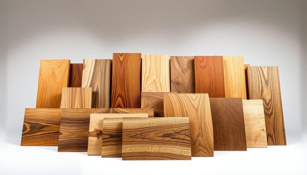 A well-lit, high-resolution studio photograph showcasing an assortment of wood types commonly used for wall art. The foreground features a variety of wood samples, each with distinct grains, textures, and hues ranging from warm oak to cool maple. The middle ground displays the samples arranged artfully, allowing the viewer to appreciate the unique characteristics of each wood type. The background is a clean, minimalist setting, emphasizing the natural beauty of the materials. Subtle shadows and soft lighting create depth and dimension, inviting the viewer to explore the tactile qualities of the woods. The overall composition conveys the versatility and aesthetic potential of these natural materials for bespoke wall art.