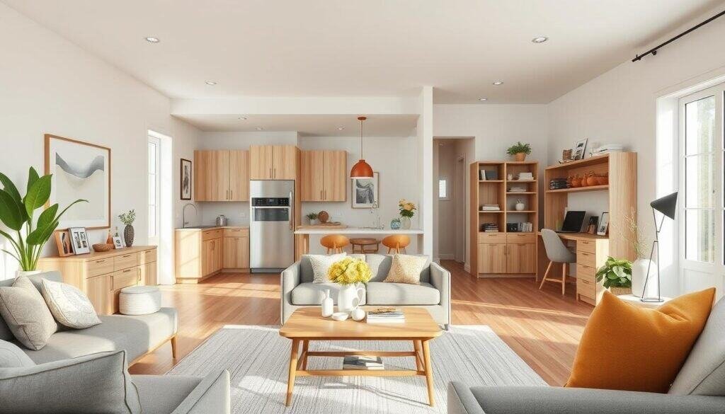 A well-lit home interior showcasing the natural beauty of light wood accents. A mid-century modern living room features a sleek wood coffee table and side tables, complemented by minimalist decor. In the kitchen, light wood cabinets and a butcher block countertop create a warm, inviting atmosphere. Upstairs, a cozy home office workspace utilizes a light wood desk and shelving unit, bathed in gentle, diffused lighting. Throughout, the wood's organic grain and subtle hues seamlessly integrate with the surrounding décor, adding depth and texture to each room.