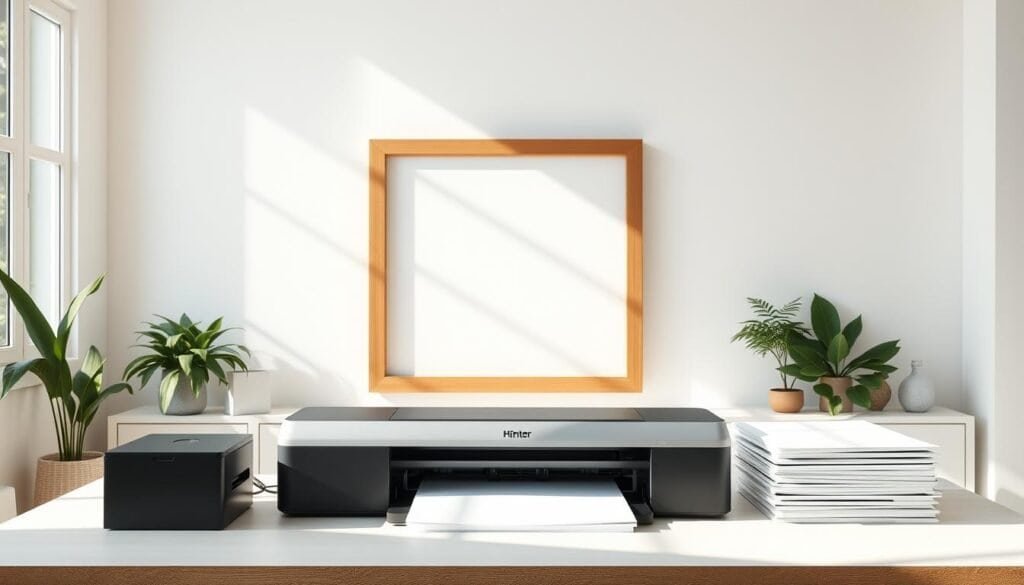 A well-lit home studio with a white wall, a large wooden picture frame stands in the foreground. On the table in front of the frame, a high-quality inkjet printer and a stack of fine art paper. Sunlight pours in through large windows, creating a warm, inviting atmosphere. The frame casts a soft, natural shadow on the wall, adding depth and dimension. The printer and paper are arranged neatly, suggesting a methodical, professional approach to printing wall art. The overall scene conveys a sense of calm, focused creativity, ideal for capturing the essence of "Printable Minimalist Wall Art".