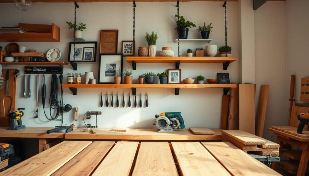 A well-lit home workshop with a rustic wooden workbench, adorned with various power tools and hand saws. In the foreground, a collection of neatly arranged wooden boards, stained in warm tones, showcasing the natural grains and textures. Suspended above, a set of three floating wooden shelves, each displaying decorative items such as potted plants, framed art, and artisanal ceramics. The shelves are crafted from smooth, sanded wood, with subtle distressed details that add character. Soft, directional lighting casts gentle shadows, emphasizing the depth and dimensionality of the scene. The overall atmosphere conveys a sense of craftsmanship, creativity, and a cozy, inviting ambiance.