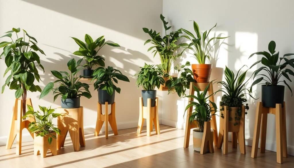 A well-lit indoor scene featuring a variety of lush, thriving plants arranged on sturdy, handcrafted wooden stands. The plants cast soft shadows on the wooden surfaces, creating a warm and inviting atmosphere. The stands are made of natural, unfinished wood, with a minimalist, modern design that complements the organic shapes of the plants. The lighting is soft and diffused, creating a gentle, soothing ambiance. The overall composition emphasizes the harmonious interplay between the natural elements, the handcrafted wooden accents, and the cozy, lived-in feel of the indoor space.