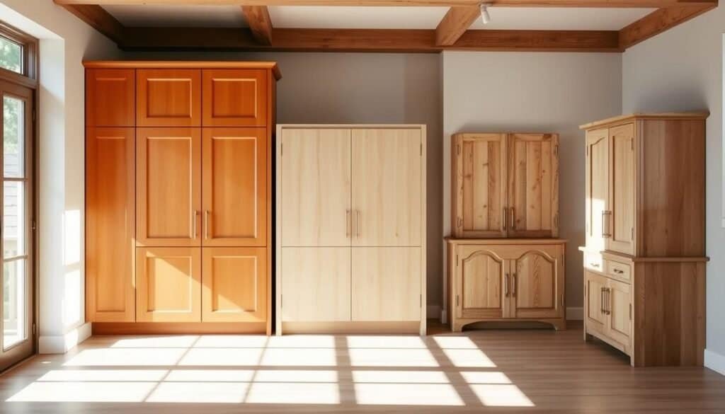 A well-lit interior with a stunning display of wood cabinet designs from The Sawdust Man. In the foreground, a classic shaker-style cabinet in rich, warm cherry wood with clean lines and a smooth finish. In the middle, a contemporary, minimalist cabinet in light oak with sleek, handleless doors. In the background, a rustic, farmhouse-inspired cabinet in distressed pine with a charming, weathered look. Soft, natural lighting filters through large windows, casting a cozy glow and highlighting the natural beauty of the wood. The overall atmosphere exudes a sense of timeless elegance and a harmonious blend of traditional and modern styles.