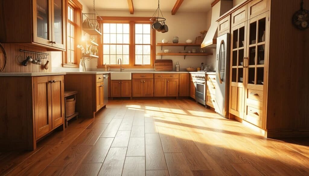 A well-lit kitchen with The Sawdust Man's statement wood flooring. Warm, rustic planks made from aged oak, with a natural, weathered finish that grounds the space. Sunlight streams in through large windows, casting a soft, golden glow over the intricate wood grains. The flooring creates a cohesive foundation, seamlessly blending with the earthy tones and natural textures of the kitchen. Wooden cabinets, a stone countertop, and a hanging pot rack add to the organic, homey ambiance. The resulting image reflects the cozy, inviting atmosphere of a kitchen warmed by the beauty of natural wood.