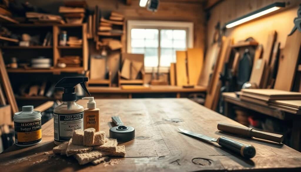 A well-lit, large wooden workbench in a cozy, rustic home workshop. Detailed tools and products for wood maintenance are neatly arranged in the foreground, including polish, sand paper, and a wood carving knife. In the middle ground, a natural wood table leg or furniture piece is being carefully cleaned and conditioned. Warm, soft lighting illuminates the scene, creating a calming, inviting atmosphere. The background features shelves of various wood types and finishing supplies, hinting at the art of wood care and restoration.