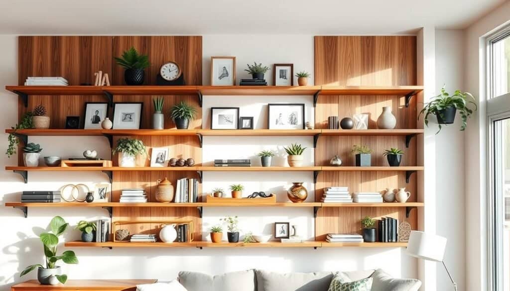 A well-lit, modern home interior with a focal wall featuring custom wooden shelving solutions. The shelves are made of smooth, stained oak panels mounted on minimalist black metal brackets. Various decorative items, plants, and personal trinkets are neatly arranged on the shelves, creating a harmonious and visually appealing display. The room has large windows that allow natural light to pour in, casting a warm, inviting glow over the space. The overall atmosphere is cozy, sophisticated, and reflective of the owner's personal style.