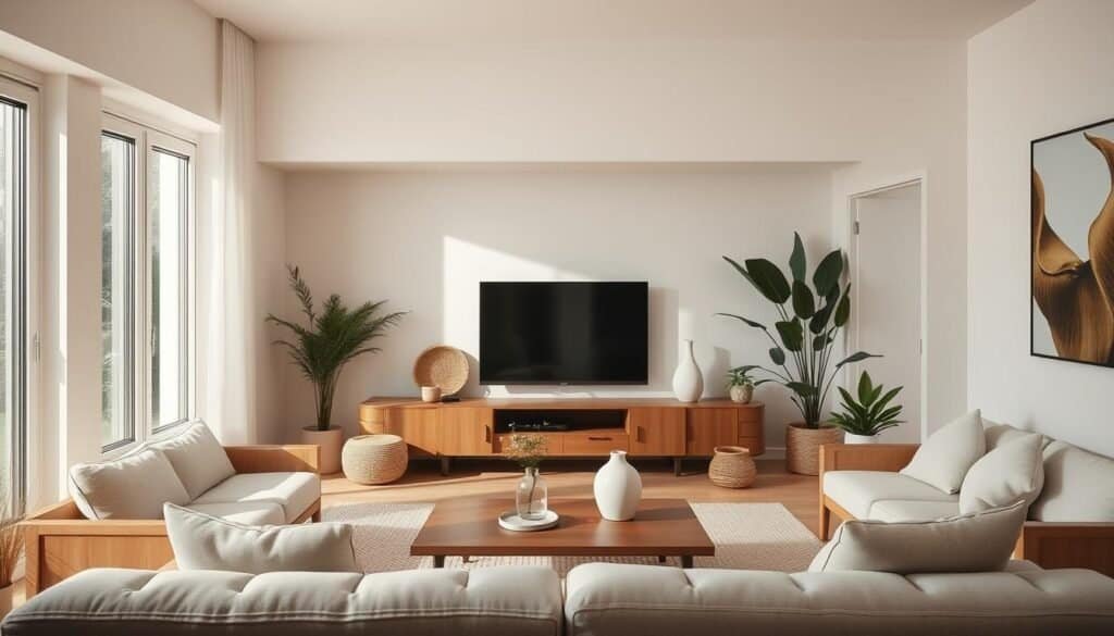 A well-lit, modern living room with a minimalist design aesthetic. Soft-toned wooden side tables and a sleek, low-profile entertainment unit create a warm, inviting ambiance. Artfully arranged decorative accents like woven baskets, ceramic vases, and potted plants add organic texture and a touch of greenery. The room is bathed in natural light from large windows, casting a gentle glow on the carefully curated accessories. The overall atmosphere is one of calm, refined sophistication, reflecting the "small win" of thoughtfully styled modern home decor.