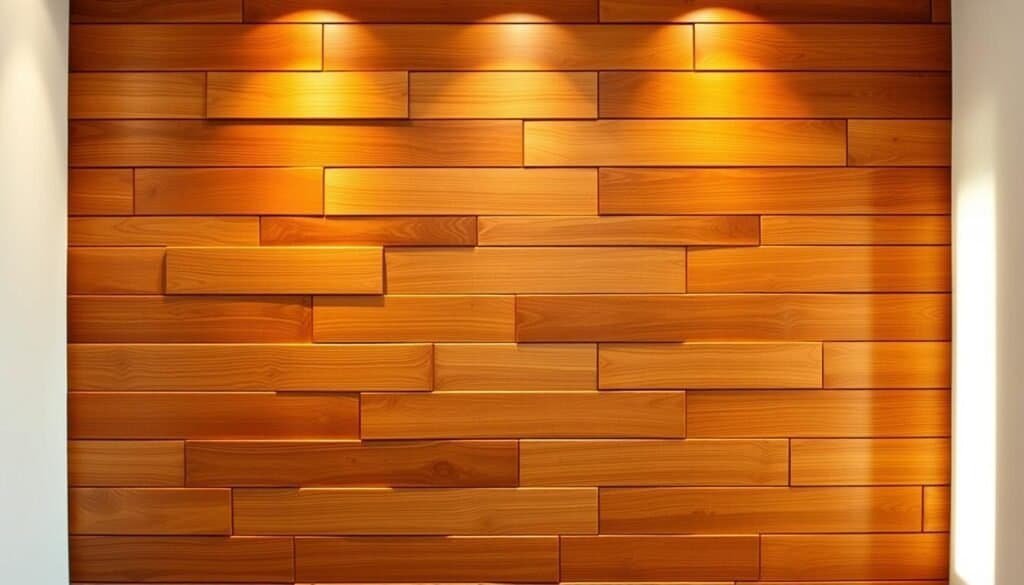 A well-lit, modern wood wall features a striking, geometric pattern of interlocking wooden planks in rich, earthy tones. The boards have a smooth, sanded finish that reflects the warm, ambient lighting, casting a cozy glow throughout the scene. The wall serves as the focal point, highlighted by a minimalist, uncluttered setting. Subtle shadows and highlights accentuate the natural texture and grains of the wood, creating a sense of depth and dimension. The overall mood is one of rustic sophistication, perfectly suited for a contemporary home decor piece.