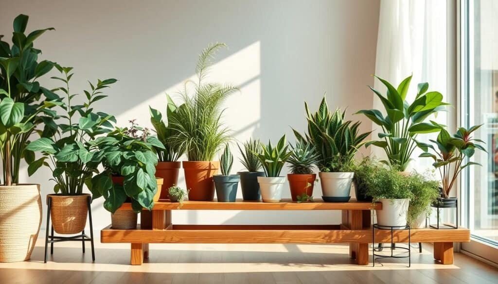 A well-lit, natural scene showcasing a wooden plant stand in the middle ground, adorned with a variety of potted plants of varying heights, textures, and foliage. The plants are thoughtfully arranged, creating a harmonious and visually appealing composition. The wooden stand, with its clean lines and natural grain, provides a sturdy and elegant foundation for the plants. The background is softly blurred, suggesting a serene indoor setting, allowing the stand and plants to be the focal point. Warm, diffused lighting casts gentle shadows, adding depth and dimension to the scene. The overall mood is calming, inviting, and inspirational, reflecting the essence of bringing nature into the home.