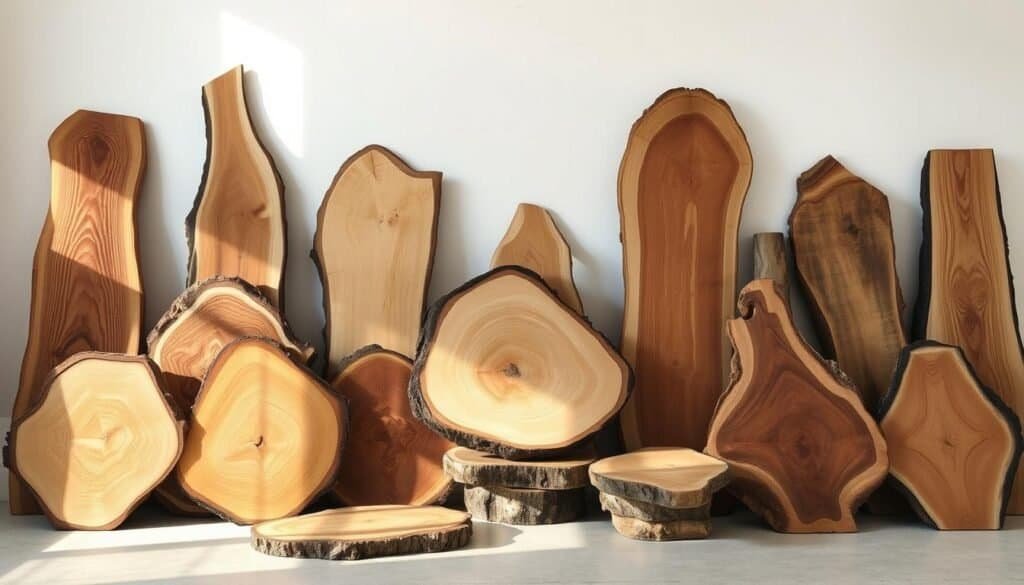 A well-lit, natural studio setting showcasing an assortment of diverse live-edge wood slabs. The slabs range in size, shape, and grain patterns, offering a visually captivating selection for the discerning DIY enthusiast. Warm, soft lighting casts gentle shadows, highlighting the unique textures and organic forms of the wood. The slabs are arranged on a clean, minimalist surface, allowing the natural beauty of the material to take center stage. The composition emphasizes the tactile quality and inherent character of each slab, inspiring the viewer to envision the creative potential of these stunning natural elements.