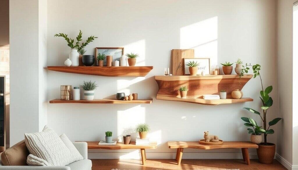 A well-lit, rustic and modern living room, showcasing a pair of beautifully crafted live edge wood shelves. The shelves are made from natural, unfinished wood, showcasing the unique grain patterns and organic textures. Arranged on the shelves are an assortment of decorative items, including potted plants, candles, and other home accents, creating a warm, inviting atmosphere. The room is bathed in soft, natural lighting, gently illuminating the rich tones and textures of the wood. The shelves are positioned against a neutral, minimalist wall, allowing the natural beauty of the wood to take center stage. The overall scene evokes a sense of rustic elegance and effortless style, perfectly suited for the "Styling Your Live Edge Shelves in Different Rooms" section of the article.