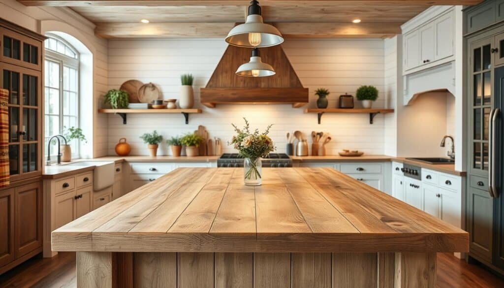 A well-lit, rustic farmhouse kitchen featuring a large, solid wood island with a smooth, weathered-oak top. The island is positioned in the middle ground, with a backdrop of white shiplap walls and a mix of open shelving and classic cabinetry. Warm, ambient lighting from pendant fixtures casts a soft glow, highlighting the natural wood grain and creating a cozy, inviting atmosphere. Vibrant potted plants, a simple vase of fresh flowers, and a few artisanal kitchen tools lend an organic, homespun charm to the scene. The overall composition conveys a sense of timeless, rustic elegance perfect for a small kitchen accent project.