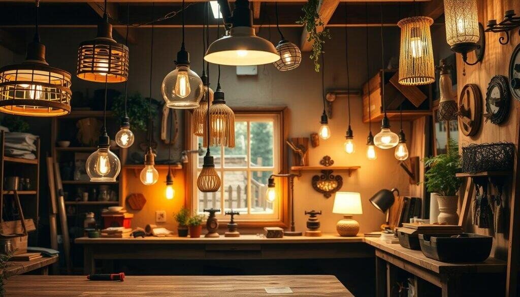 A well-lit, rustic home workshop filled with various DIY lighting projects in various stages of completion. Hanging pendant lamps crafted from repurposed materials, tabletop lamps with intricate wooden bases, and wall-mounted sconces adorned with textured natural elements. Soft, warm lighting illuminates the workshop, casting a cozy, inviting glow. Wooden workbench in the foreground, tools and supplies neatly organized. Hints of greenery and natural textures throughout, creating a sense of harmony between the handmade light fixtures and their surroundings.