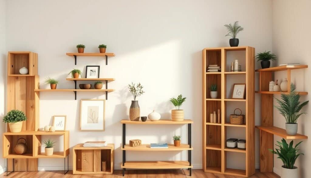 A well-lit, rustic room showcasing a variety of handcrafted wooden shelving units. The shelves, made from smooth, natural wood planks, are arranged in a visually appealing manner, creating a harmonious and inviting display. The shelves are adorned with carefully curated decorative accents, such as potted plants, framed artwork, and minimalist home décor items. The overall composition emphasizes the warm, earthy tones of the wood, complemented by soft, diffused lighting that casts a cozy glow throughout the space. The shelving units are positioned against a clean, neutral wall backdrop, allowing the natural beauty of the wood to take center stage. The scene conveys a sense of simplicity, functionality, and timeless elegance.