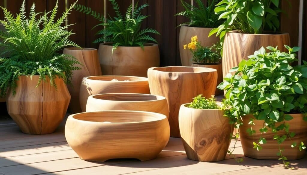 A well-lit, rustic scene showcasing a collection of handcrafted, natural wood planters of various shapes and sizes. The planters are arranged on a wooden surface, perhaps a patio or a backyard deck, with lush, verdant plants and foliage spilling over the edges, creating a harmonious blend of textures and tones. The lighting is warm and inviting, casting gentle shadows and highlights that accentuate the organic grain and tones of the wood. The overall atmosphere is one of tranquility and a sense of bringing the outdoors in, reflecting the article's theme of adding natural wood accents to enhance one's living space.