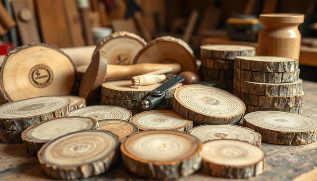 A well-lit, rustic still life featuring an assortment of woodworking materials for DIY coasters. In the foreground, an array of saw-cut wood rounds in various shades of weathered oak and pine, arranged artfully. In the middle ground, a selection of woodworking tools - a mallet, sandpaper, and a small handsaw - nestled among the wood pieces. The background subtly suggests a workshop setting, with hints of workbenches and shelves. The lighting is soft and warm, accentuating the natural textures and colors of the raw materials. An overall sense of craftsmanship and rustic charm pervades the scene.