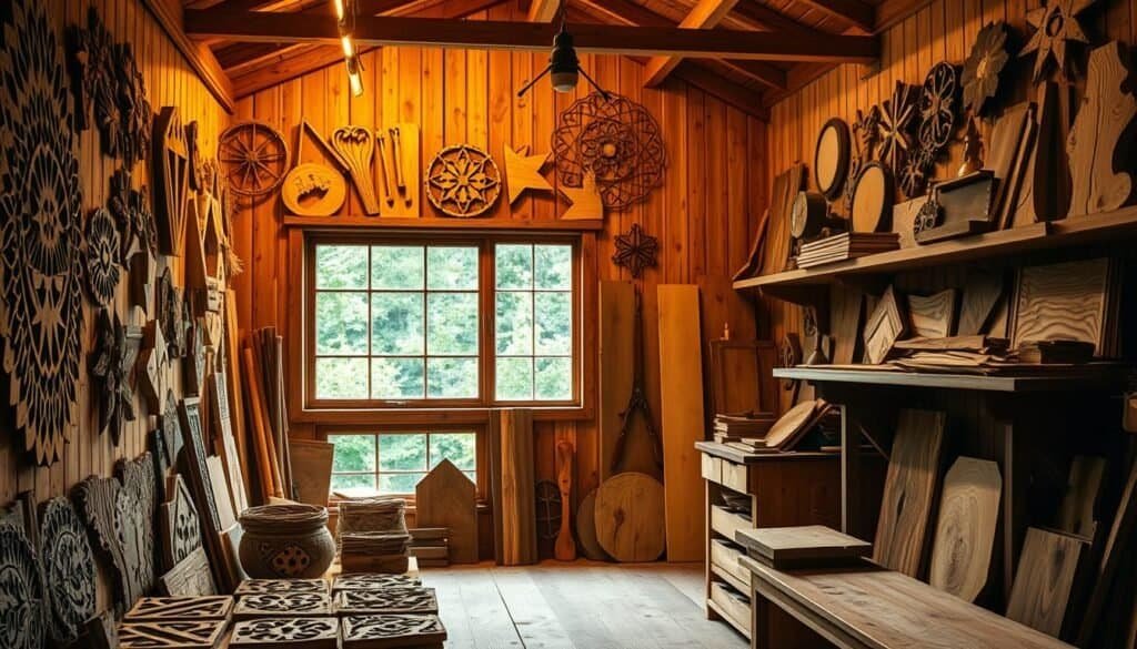 A well-lit, rustic wood workshop interior. Warm lighting illuminates a collection of DIY wood wall art projects in various stages of completion. Intricate carved wooden shapes, geometric patterns, and natural textures fill the foreground. Carefully sanded and stained wood planks, shelves, and workbenches create a cozy, homespun atmosphere in the middle ground. The background features an expansive window overlooking a lush, verdant outdoor scene, blending the indoors and outdoors. Subtle shadows and highlights convey depth and dimension. The overall mood is one of creativity, craftsmanship, and the joy of personal expression through handmade décor.