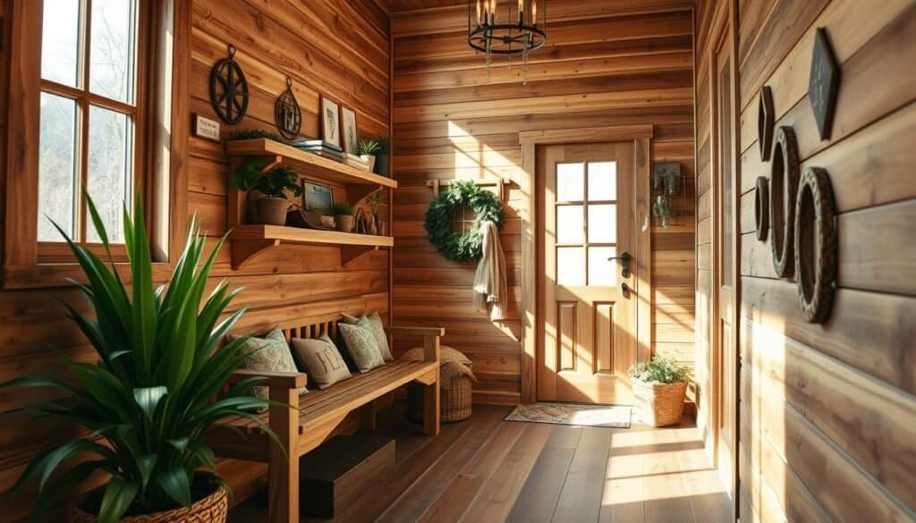 A well-lit, rustic wooden entryway with a handcrafted bench, shelves, and decorative wall accents. Soft, natural lighting from a large window illuminates the warm-toned wood grains and textures. The entryway is adorned with lush greenery and seasonal décor, creating a cozy, inviting atmosphere. The composition features a mid-range perspective, capturing the depth and details of the DIY projects. The image conveys a sense of craftsmanship, comfort, and a homely ambiance that welcomes guests.