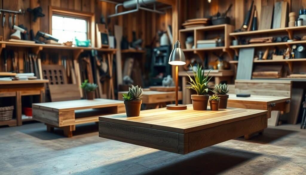 A well-lit, rustic wooden workshop with various DIY floating nightstand projects in progress. In the foreground, a sleek floating nightstand with clean lines and a minimalist design, its surface adorned with potted plants and a reading lamp. In the middle ground, another nightstand made from reclaimed wood, its edges softened with rounded corners. In the background, shelves filled with woodworking tools and supplies, providing inspiration for the viewer. Warm lighting casts a cozy glow, and the overall atmosphere exudes a sense of creativity and craftsmanship.