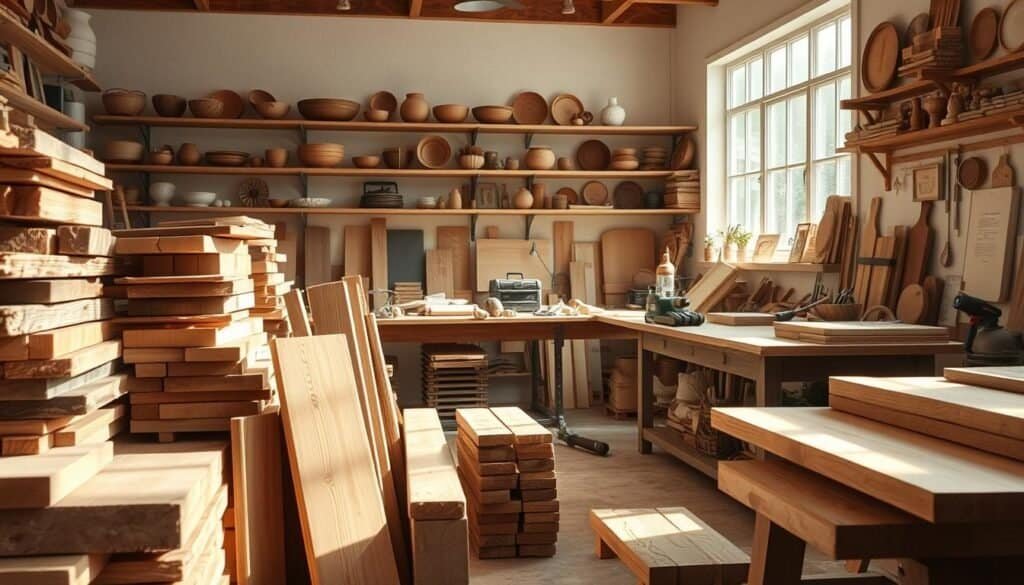 A well-lit, rustic woodworking studio filled with natural light. Stacks of weathered wooden planks, varying in tone and grain, stand in the foreground. Smooth, hand-sanded pieces sit on workbenches, ready for finishing. In the middle ground, a carpentry toolbox and a selection of chisels, sanders, and saws are neatly arranged. Sunlight streams through large windows, casting a warm glow over the scene. The background features a wall lined with shelves displaying an array of finished home decor items, such as wooden bowls, picture frames, and decorative accents. An atmosphere of creativity, craftsmanship, and cozy charm permeates the entire image.