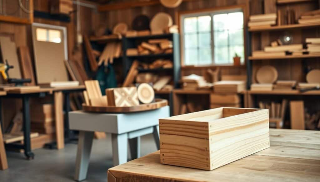 A well-lit, rustic workshop filled with various beginner-friendly woodworking projects. In the foreground, a simple yet charming wooden planter box with clean lines and a natural finish. Behind it, a mid-ground with a small table displaying a stack of DIY wooden coasters, each featuring a unique pattern or design. Further back, shelves hold an assortment of unfinished wooden pieces, suggesting the potential for endless creative possibilities. The overall scene conveys a sense of warmth, creativity, and the satisfaction of hands-on, artisanal work.