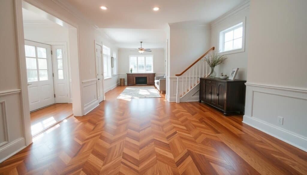 A well-lit, spacious entryway with a beautifully refinished hardwood floor in a rich, warm tone. The floor boards are arranged in a classic herringbone pattern, creating a sense of timeless elegance. Soft, indirect lighting from recessed fixtures casts a gentle glow, highlighting the intricate wood grain and adding depth to the space. The entryway opens up to a cozy, inviting living room, with natural light streaming in through large windows, further enhancing the warm, welcoming atmosphere. Subtle, minimalist décor complements the refined flooring, creating a harmonious and visually striking first impression.