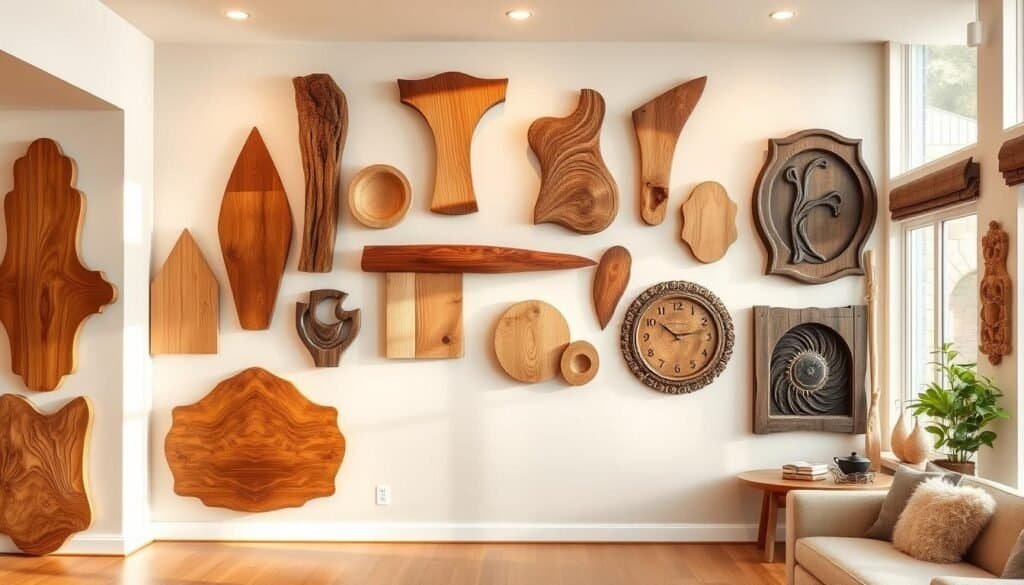 A well-lit, spacious home interior with warm, natural lighting. In the foreground, an elegant display of various wood wall art pieces in different shapes, sizes, and textures - rustic pine, smooth maple, intricate oak carvings. The middle ground showcases a neutral-toned wall, providing a clean backdrop to highlight the unique character of each artwork. In the background, a cozy seating area with plush furnishings, creating a harmonious, inviting atmosphere. The overall composition emphasizes the thoughtful selection and placement of the wood wall art, guiding the viewer's eye through the composition.