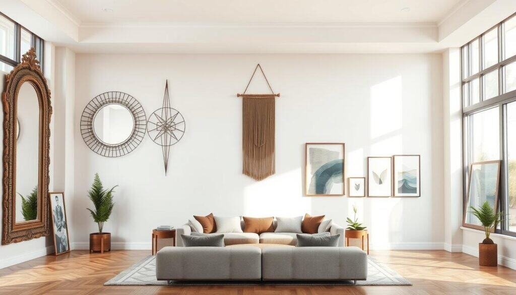 A well-lit, spacious living room with a large, blank wall. The room is bathed in warm, natural lighting from large windows. In the foreground, various statement wall decor pieces are thoughtfully arranged - a large, ornate mirror, a geometric metal sculpture, a wooden wall hanging, and a collection of framed abstract art. The middle ground features a cozy seating area with plush furniture, creating a harmonious balance between the wall decor and the living space. The background showcases neutral-toned walls and hardwood floors, allowing the statement pieces to take center stage. The overall mood is one of elegance, sophistication, and a keen eye for interior design.
