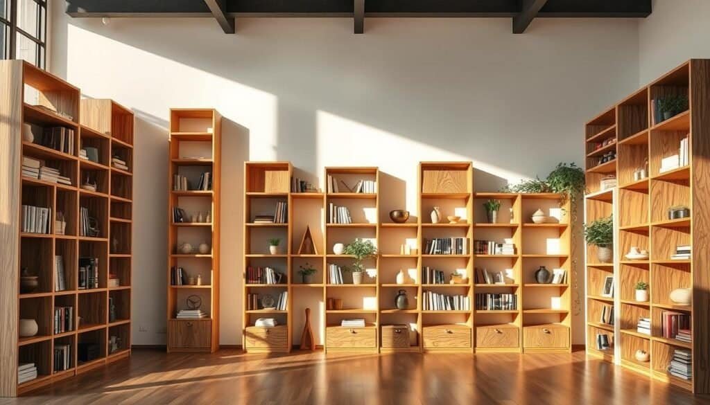 A well-lit, spacious room showcases a series of intricate, handcrafted wooden bookcases. The bookcases are made from a variety of warm, natural wood tones, each one featuring unique grains and textures. The shelves are arranged in a visually pleasing, asymmetric pattern, creating an inviting and dynamic display. Soft, directional lighting highlights the depth and warmth of the wood, casting gentle shadows that add depth and dimension. The bookcases are styled with a mix of books, decorative objects, and potted plants, creating a cozy and sophisticated ambiance. The overall scene conveys a sense of creativity, organization, and a touch of rustic charm, perfectly complementing the article's theme of using natural wood elements to brighten a living space.