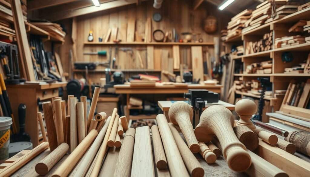 A well-lit, spacious wooden workshop featuring an assortment of hand tools, power tools, and DIY materials. In the foreground, a collection of wooden planks, dowels, and carved objects, each showcasing the natural grain and texture of the wood. In the middle ground, a sturdy workbench with a vise and an array of clamps, suggesting ongoing projects and the process of creation. The background depicts shelves brimming with timber, stains, and other woodworking supplies, creating a sense of abundance and inspiration. The lighting is warm and diffused, casting gentle shadows and highlights that accentuate the tactile qualities of the wooden elements. The overall atmosphere is one of creativity, craftsmanship, and the joy of working with one's hands.