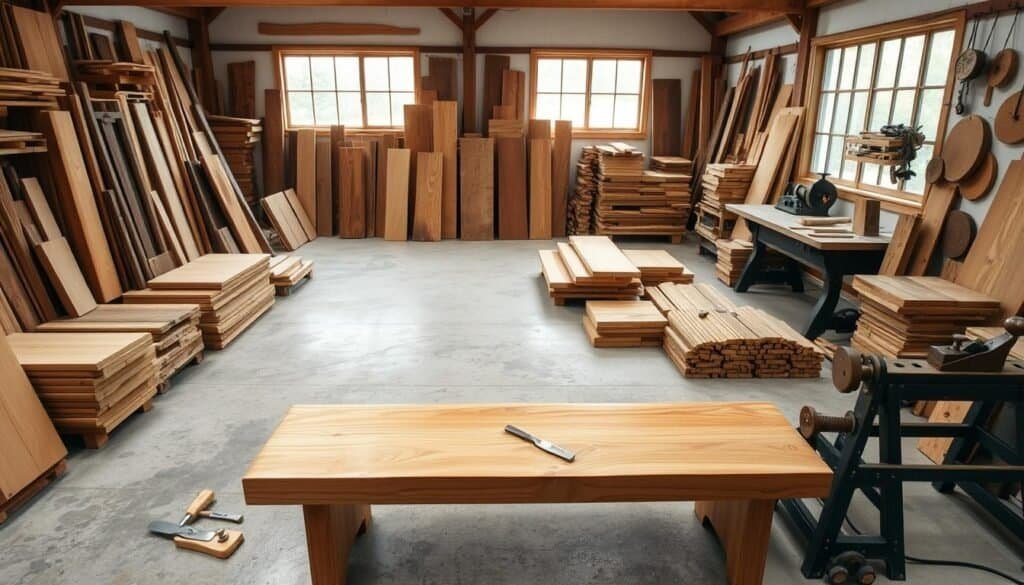 A well-lit, spacious workshop featuring a variety of sustainable wood options. Warm hardwoods like oak, maple, and walnut are neatly arranged, showcasing their natural grains and textures. In the foreground, a handcrafted wooden bench made by "The Sawdust Man" takes center stage, its smooth surface and clean lines embodying the beauty of responsible forestry. Artfully scattered around the scene are woodworking tools - chisels, planes, and a vintage lathe - hinting at the skilled craftsmanship required to transform these eco-friendly materials. Soft, diffused lighting from large windows casts a soothing, calming atmosphere, highlighting the natural warmth and character of the wood.