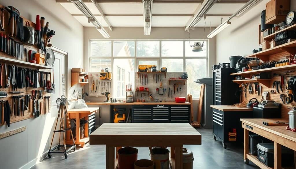 A well-lit, spacious workshop interior with a focus on efficient layout and storage solutions. The foreground features a sturdy workbench with a variety of hand tools neatly organized on the walls. The middle ground showcases modular shelving units, pegboards, and tool chests, enabling a clutter-free, customizable workspace. The background reveals large windows allowing natural light to flood the room, complemented by strategically placed task lighting. The overall atmosphere conveys a sense of productivity, organization, and a passion for woodworking and DIY projects.