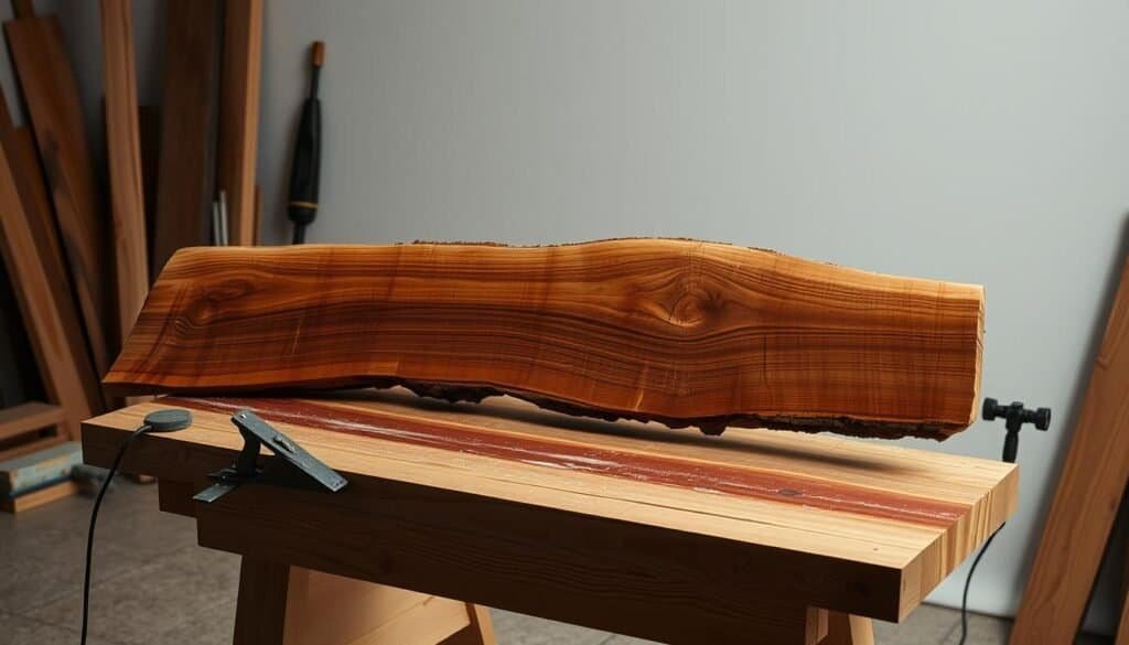 A well-lit studio setting capturing the meticulous preparation of a live edge wood slab. The raw, unfinished timber rests on a sturdy workbench, its natural edges and unique grain patterns visible. Nearby, a selection of woodworking tools - a hand plane, sandpaper, and a clamp - stand ready to refine the surface. Soft, diffused lighting casts gentle shadows, highlighting the texture and contours of the wood. The overall mood is one of focused craftsmanship, inviting the viewer to imagine the transformative process of turning this raw material into a beautiful, one-of-a-kind piece of home decor.