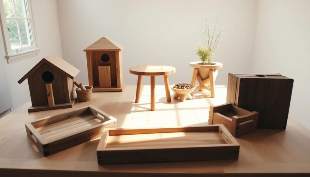 A well-lit studio setting featuring an array of simple, rustic wooden objects - a birdhouse, a small side table, a decorative serving tray, a wooden planter, and a few other basic woodworking projects. The pieces are arranged on a clean, light-colored wooden surface, with natural lighting filtering in from the side, casting warm shadows and highlights. The overall mood is one of simplicity, craftsmanship, and inviting homeliness, reflecting the "easy" and "weekend" nature of the projects. The camera angle is slightly elevated, providing a clean, uncluttered view of the display.