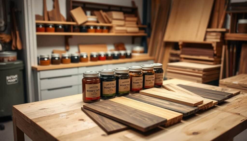 A well-lit studio showcasing an assortment of custom wood stain colors by The Sawdust Man. Jars of rich, saturated hues ranging from deep walnut to vibrant cherry are neatly arranged on a clean, wooden workbench. Nearby, a selection of sanded wood samples in various grains and textures demonstrate the nuanced effects of each stain. Soft, directional lighting casts subtle shadows, highlighting the natural beauty and depth of the custom finishes. The overall mood is one of craftsmanship, attention to detail, and the endless possibilities of customizing the appearance of raw wood.