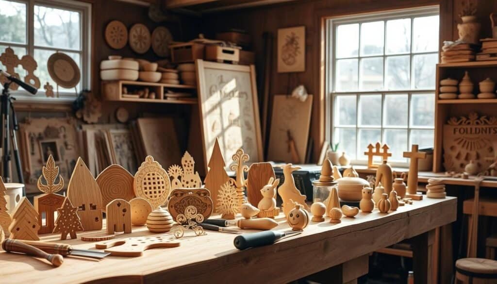 A well-lit studio space showcasing an assortment of intricate wood carving projects. A variety of whimsical shapes, from simple geometric patterns to detailed figurines, rest on a wooden workbench. Chisels, sanders, and other carving tools are neatly arranged, hinting at the skilled craftsmanship required. The warm glow of natural light filters through a large window, casting a cozy, inviting atmosphere. The projects range from small, delicate decorative accents to slightly larger pieces, all demonstrating the versatility and beauty of handcrafted wooden decor.
