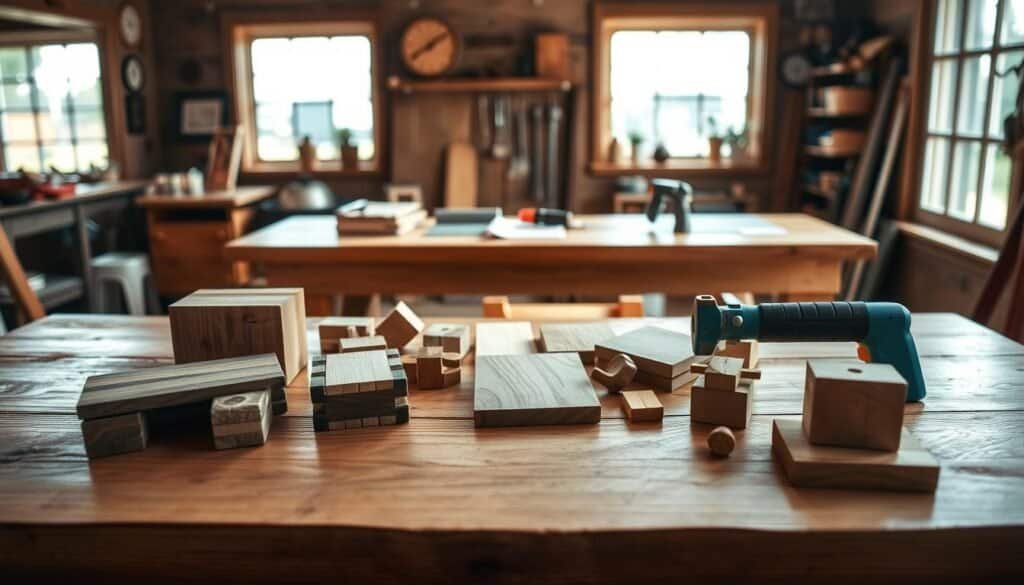 A well-lit, wood-textured tabletop with a variety of simple DIY woodworking projects in the foreground. In the middle ground, a wooden workbench with essential tools like a hammer, screwdriver, and saw. The background showcases a cozy, rustic home interior with natural light filtering in through large windows. The overall mood is one of warmth, creativity, and the satisfaction of hands-on craftsmanship for beginners.