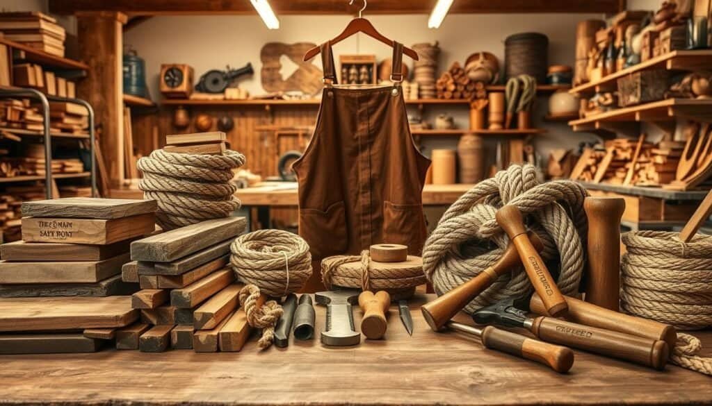 A well-lit wooden table showcasing an assortment of The Sawdust Man's high-quality woodworking and rope-crafting materials. In the foreground, an array of rough-hewn wooden planks, coils of sturdy natural fiber ropes, and a set of precision hand tools like chisels, saws, and hammers. The middle ground features an old-fashioned leather work apron and a pair of heavy-duty work gloves, conveying a sense of skilled craftsmanship. The background depicts a softly lit, rustic-styled workshop interior with exposed beams and shelves brimming with various woodworking supplies. The overall scene exudes a warm, inviting atmosphere perfect for inspiring a polished, handmade aesthetic.