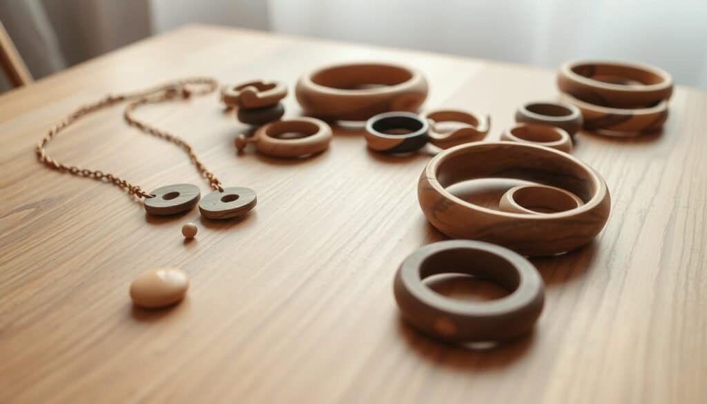 A well-lit wooden table, the surface adorned with an assortment of handcrafted wooden jewelry pieces. In the foreground, a delicate necklace with a smooth, rounded pendant dangles gracefully. Nearby, a pair of earrings carved from a single piece of wood, their organic shapes complementing the natural grain. In the middle ground, a wooden bangle bracelet with a subtle, intricate pattern rests alongside a collection of wooden rings, each one unique in its design. The background features a soft, diffused light, highlighting the warm tones and natural textures of the wooden creations. The overall scene conveys a sense of artisanal craftsmanship and the beauty of working with this versatile material.