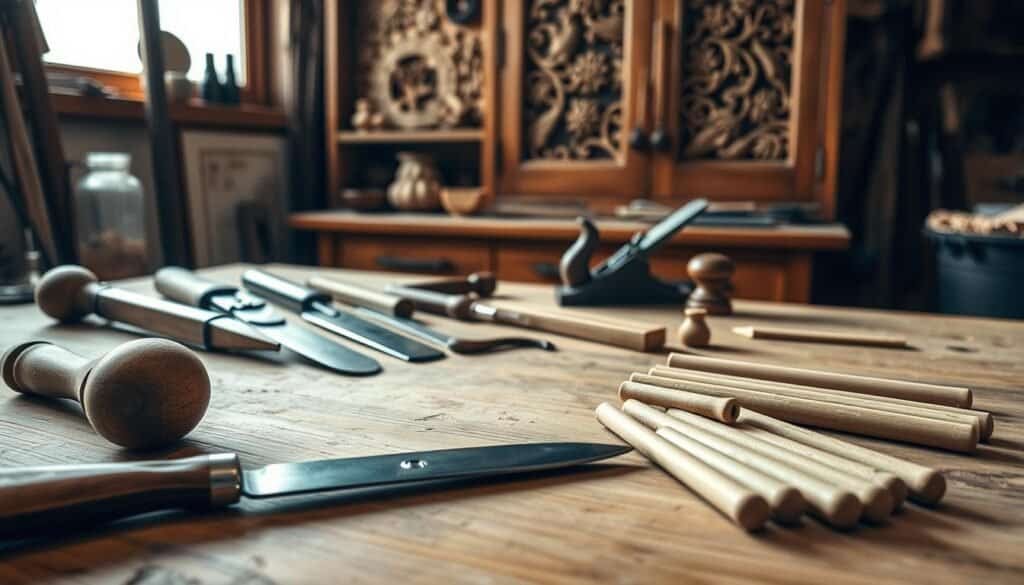 A well-lit wooden workbench, its surface adorned with an assortment of handcrafted woodworking tools, including a sturdy chisel, a smooth-edged hand plane, and a set of fine-toothed saws. In the foreground, a carving knife and a set of sand-smoothed dowels lie neatly arranged, while in the background, a warm-toned wooden cabinet displays a collection of hand-carved trinkets and intricate woodcut patterns. The scene is bathed in a soft, natural light, conveying a sense of tranquility and the artistry inherent in the craft of woodworking.