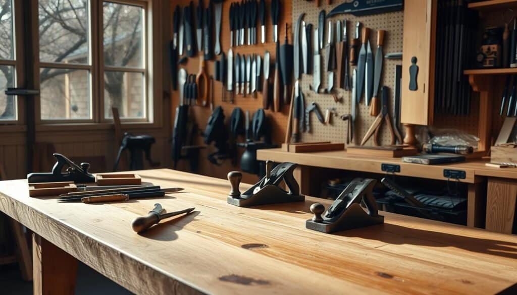 A well-lit woodshop interior, with a sturdy workbench in the foreground. On the bench, an assortment of hand tools - chisels, planes, saws - neatly arranged and maintained. Soft shadows cast by the tools, suggesting careful handling and a thoughtful approach to preservation. In the middle ground, a pegboard displays a variety of blades, bits, and other implements, each protected by a custom-fitted cover or sheath. The background features a wall-mounted tool cabinet, its doors partially open to reveal the organized storage of additional high-quality tools. The overall scene conveys a sense of pride, craftsmanship, and a commitment to keeping equipment in optimal condition for years of reliable use. A well-lit woodshop interior, with a sturdy workbench in the foreground. On the bench, an assortment of hand tools - chisels, planes, saws - neatly arranged and maintained. Soft shadows cast by the tools, suggesting careful handling and a thoughtful approach to preservation. In the middle ground, a pegboard displays a variety of blades, bits, and other implements, each protected by a custom-fitted cover or sheath. The background features a wall-mounted tool cabinet, its doors partially open to reveal the organized storage of additional high-quality tools. The overall scene conveys a sense of pride, craftsmanship, and a commitment to keeping equipment in optimal condition for years of reliable use.