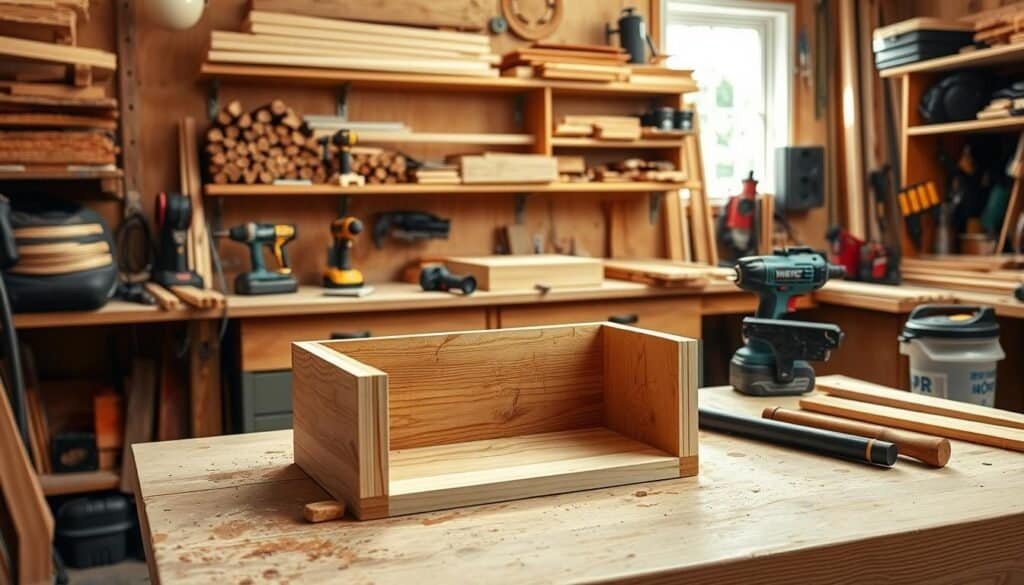 A well-lit woodshop interior, with various beginner-friendly woodworking tools and materials neatly arranged on a sturdy workbench. In the foreground, a partially completed wooden project, such as a simple box or a small shelf, showcasing common issues like misaligned joints or uneven surfaces. In the background, shelves filled with lumber, power tools, and other woodworking accessories, creating a sense of a workspace dedicated to learning and exploration. The scene is bathed in warm, natural lighting, conveying a sense of calm, focus, and the rewarding journey of mastering basic woodworking skills.