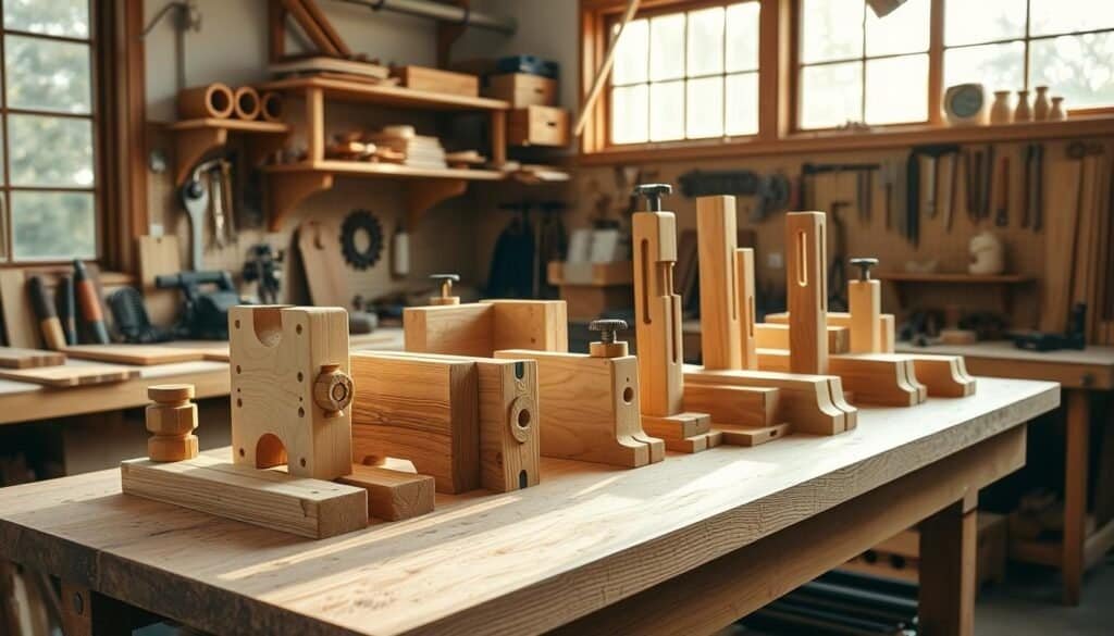 A well-lit woodshop interior with various handcrafted woodworking jigs displayed prominently on a sturdy workbench. The jigs are made from high-quality wood with precision joints and fittings, showcasing expert craftsmanship. Diffused natural light streams in through large windows, casting warm shadows across the scene. The background features neatly organized tools, hardware, and workshop accessories, creating a sense of functionality and order. The overall atmosphere exudes professionalism, attention to detail, and a passion for the craft of woodworking.